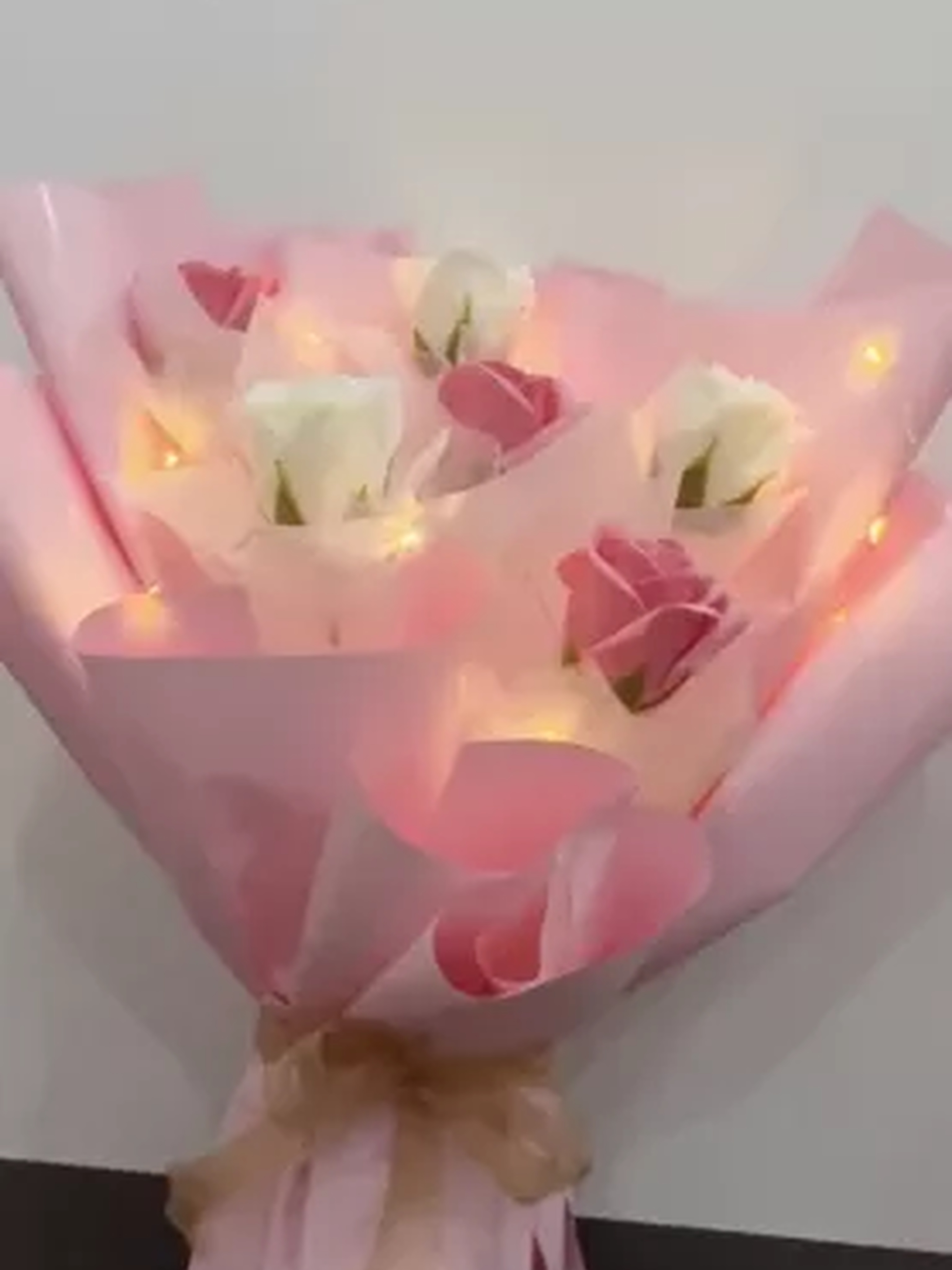 Pink and white LED soap flower bouquet