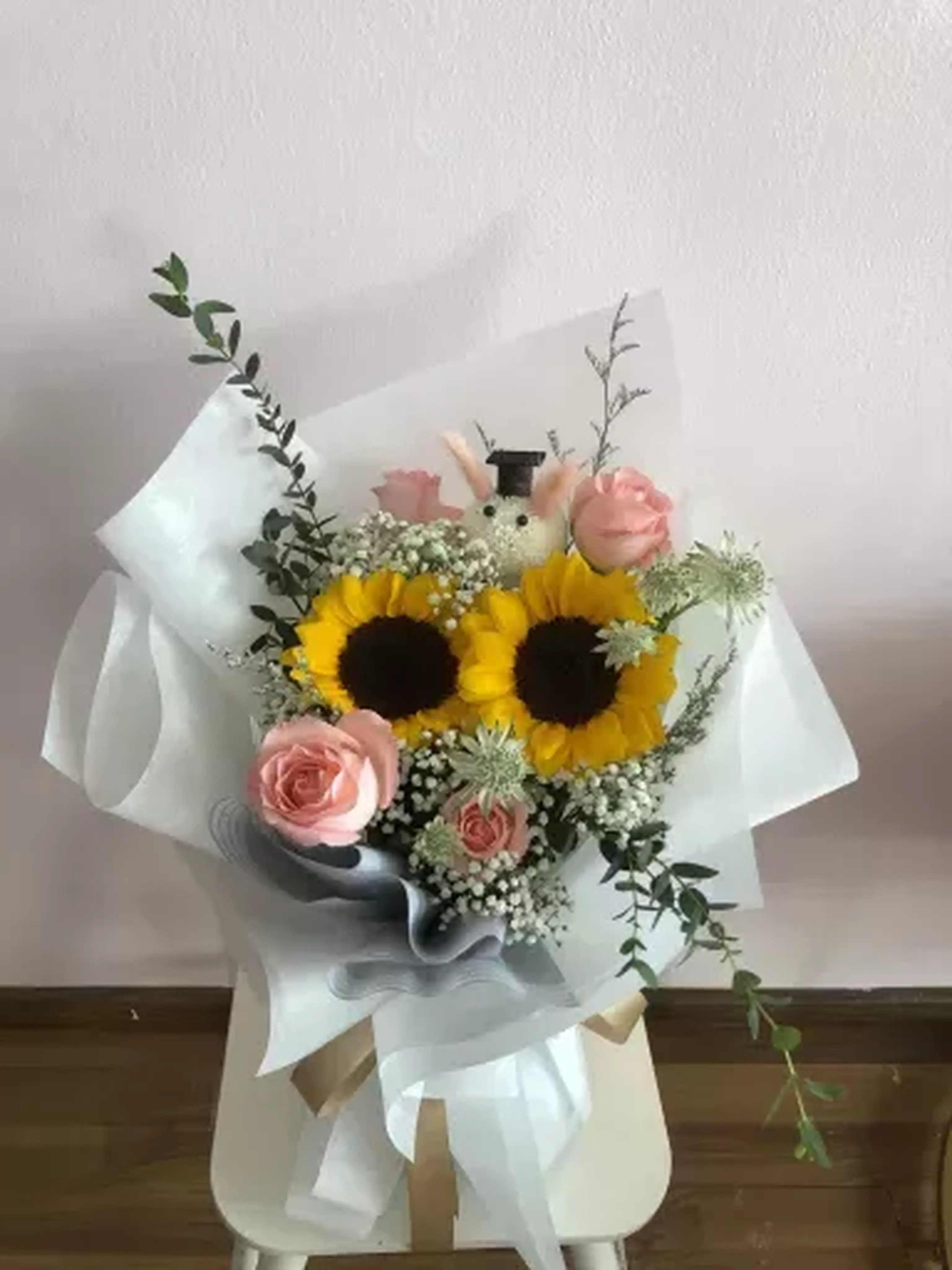 Sunflower and rose fresh flower graduation bouquet