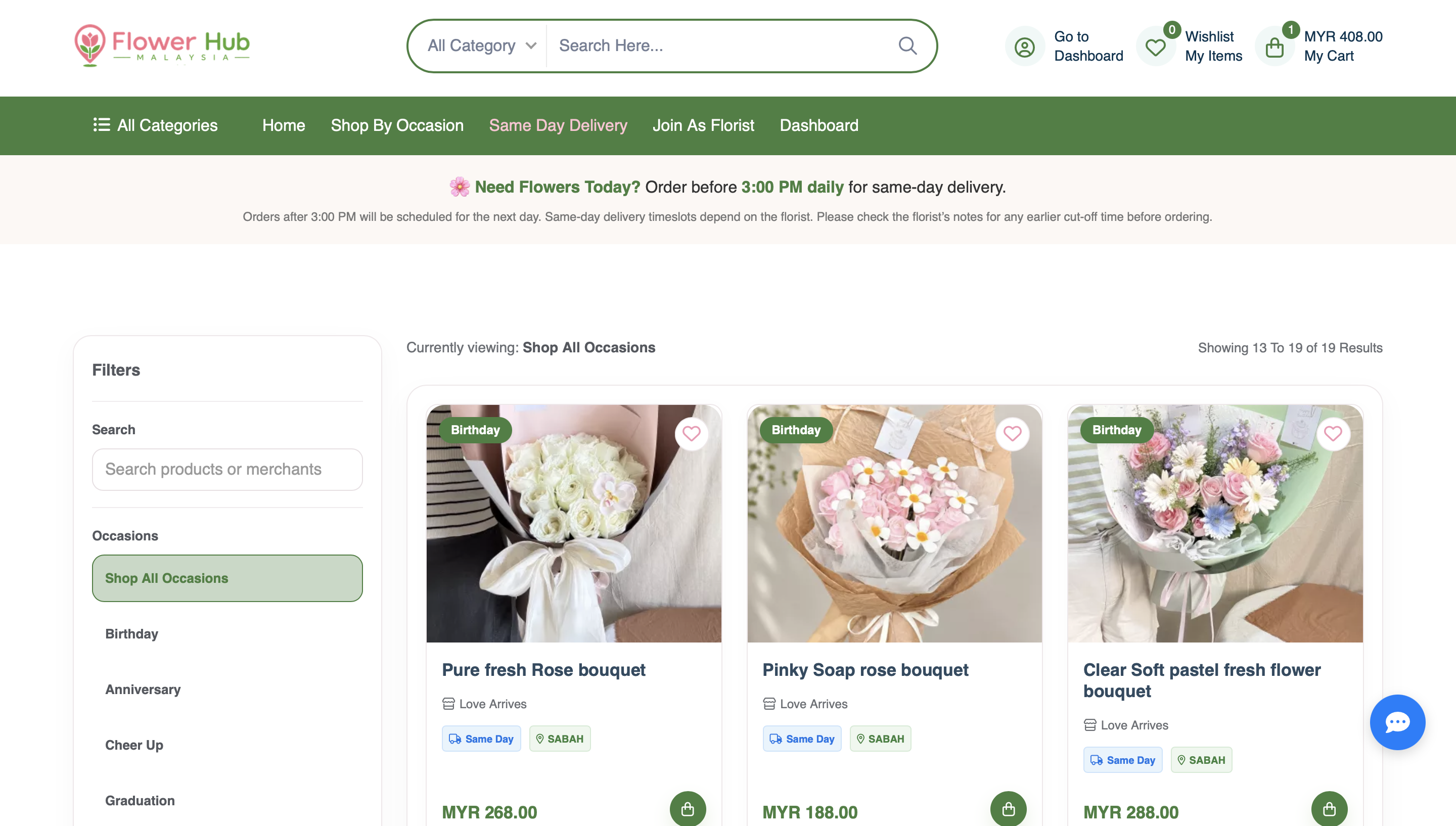 Flower Hub Malaysia same-day flower delivery page