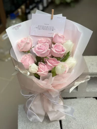 Pink Rose & White Tulip Bouquet (Fresh Flower)