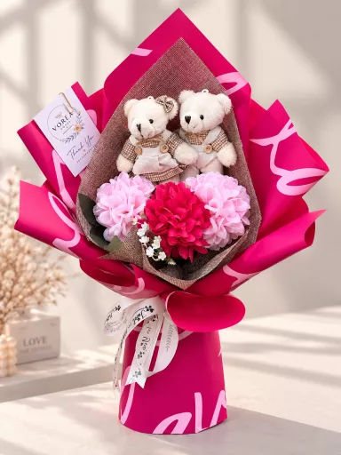 TEDDY COUPLE & MAGENTA HYDRANGEA BOUQUET