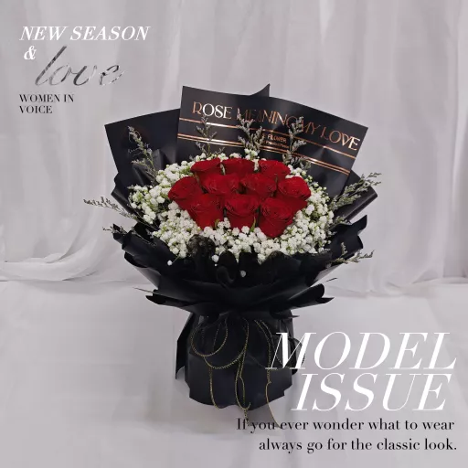 🌹Wrap Black🌹10stalks Fresh Red Rose Mix Baby Breath & Caspia (Rose Meaning My Love)