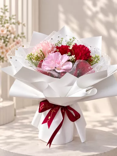 CRIMSON RED & PASTEL PINK SOAP ROSE BOUQUET WITH STAR GLITTER TULLE