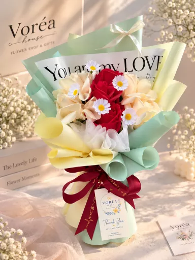 RED & CREAM SOAP ROSE BOUQUET IN MINT GREEN WRAP