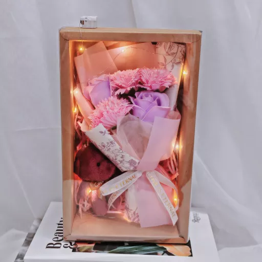 Gift Box - Mixed Soap Flower Small Bouquet With Bear Toy and Led lights