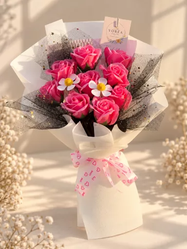 PREMIUM SCENTED SOAP ROSE BOUQUET WITH GLITTER TULLE & DAISY ACCENTS