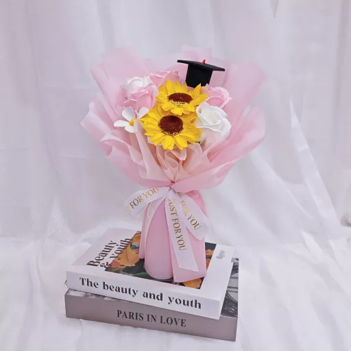 Graduation Bouquet-Graduation Mini Hat +Mix Soap Flowers Bouquet